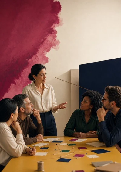 Grupo conversa ao redor de uma mesa durante uma dinâmica colaborativa